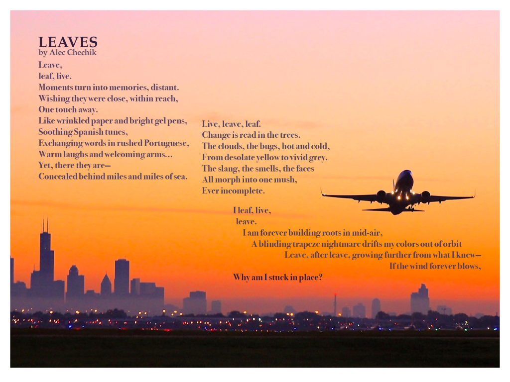 Warm toned picture with the silhouette of a plane and city in the background. The poem is written over it in a diagonal, descending towards the right.