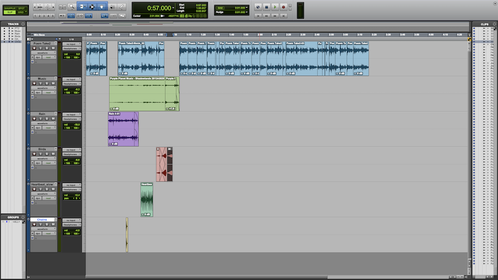 A Pro Tools interface with multiple tracks of audio on it overlapping to create sound.