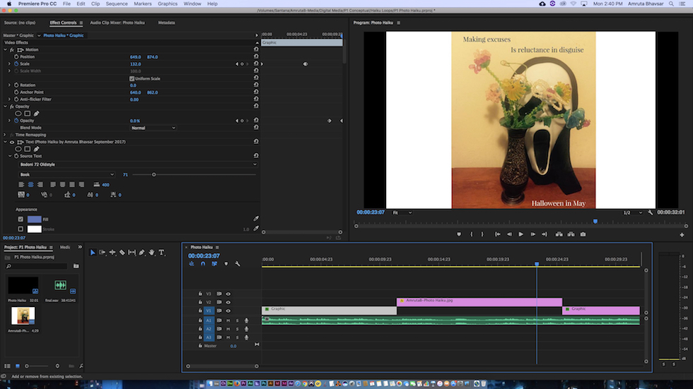 This is a screenshot of Premiere Pro, which I used to produce the haiku video.
