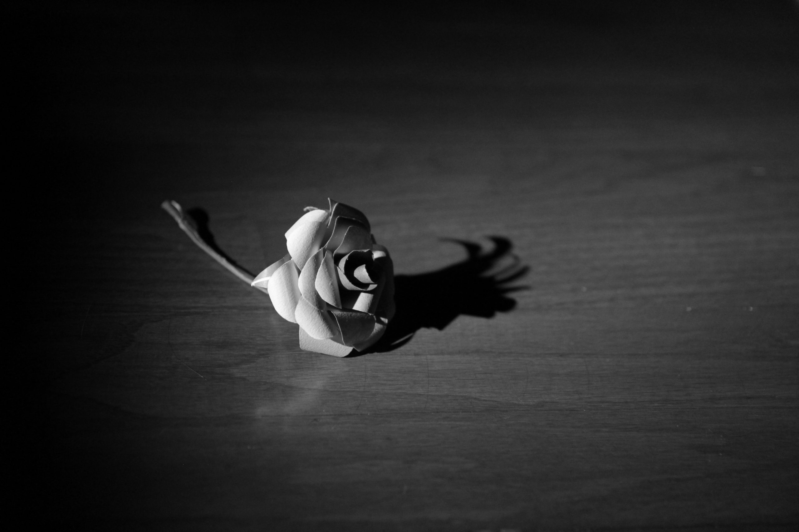 Black and White photo of an Origami Flower on a wood floor. 