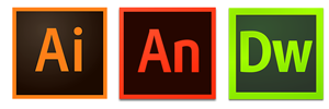 Icons of the Adobe programs Illustrator, Animate, and Dreamweaver.