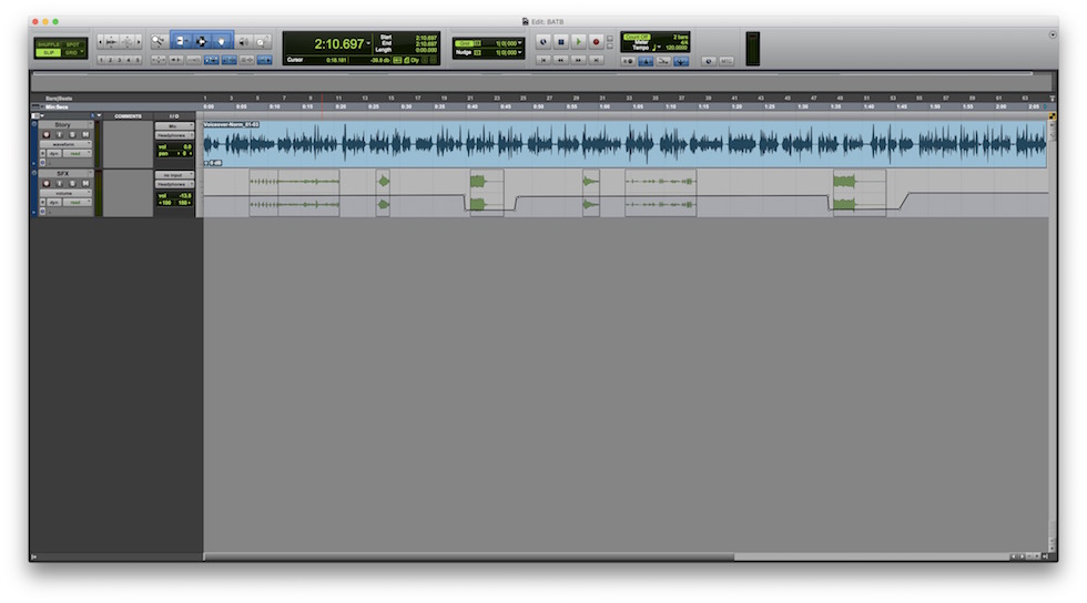 A screenshot of the Pro Tools session used to create the audio file for the story.