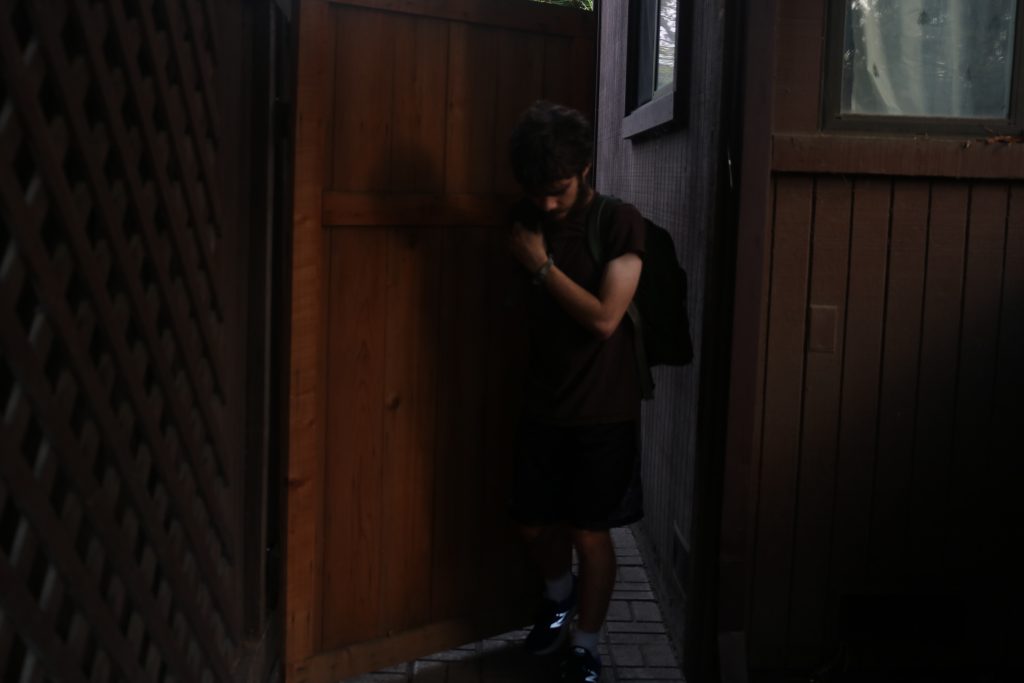 This image shows balance.  A somewhat hunched figure walks out of a closing wooden gate.  The colors are mostly dark brown.