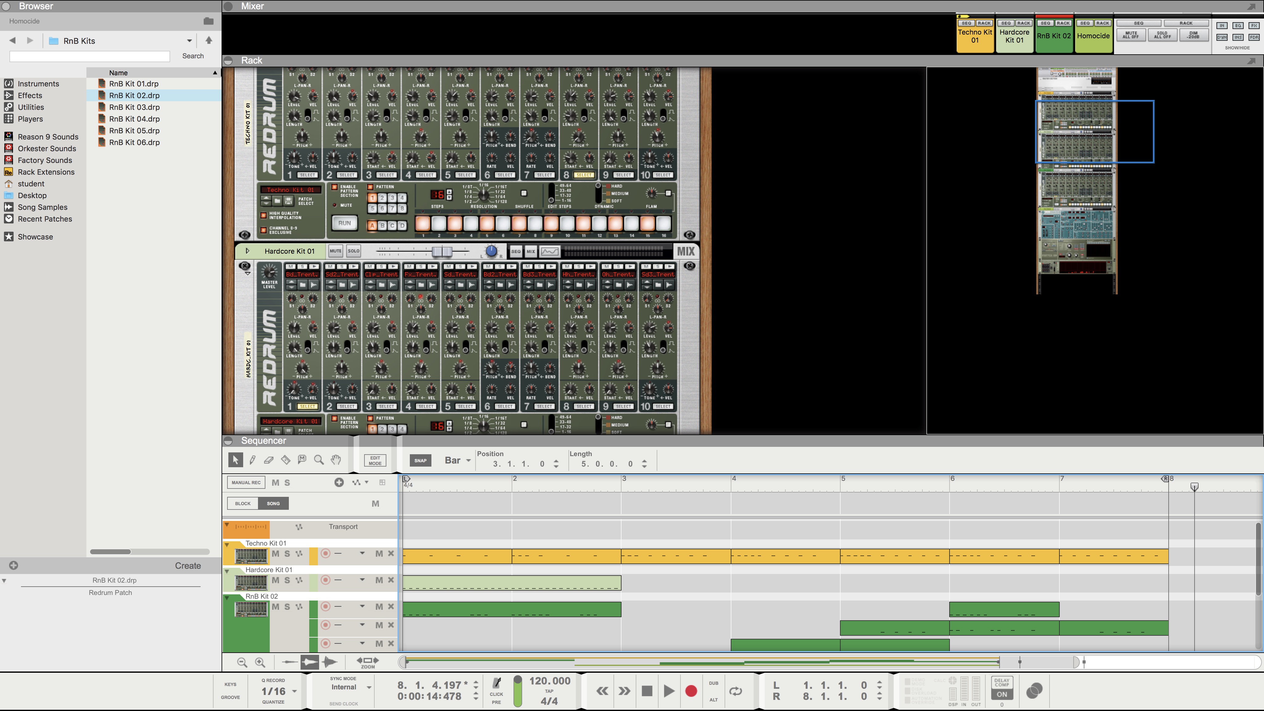 This is a screenshot of my music production in Reason 9.