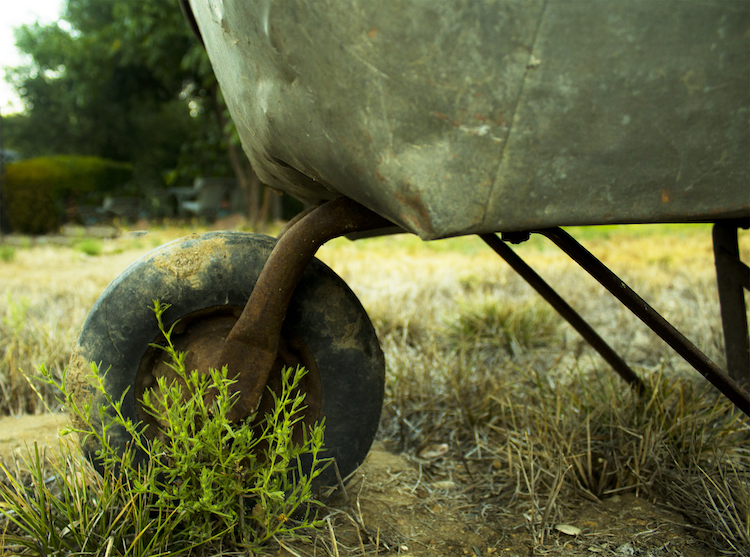 Photo of an old metal wheelbarrow with scrapes and dirt on the wheel, set in grassy field. The photo explores transportation and emphasizes the wheelbarrow's wheel