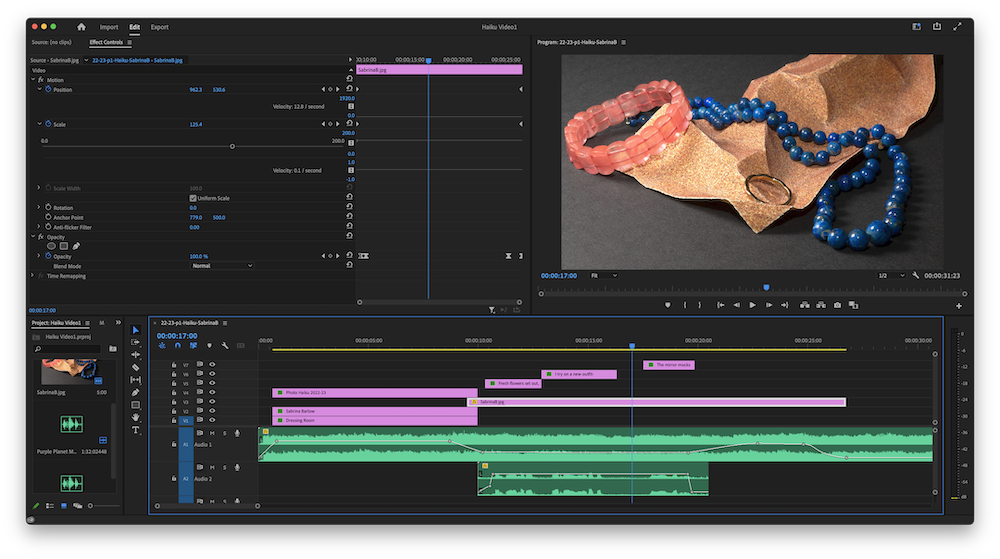 Premiere Pro interface with video, visual effects, and audio tracks