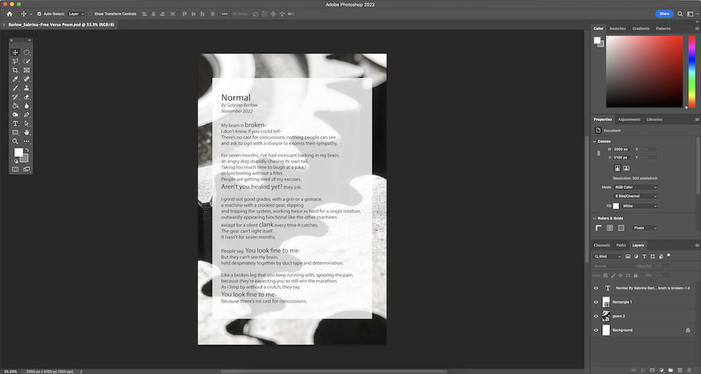 Photoshop interface with poetry in a photo