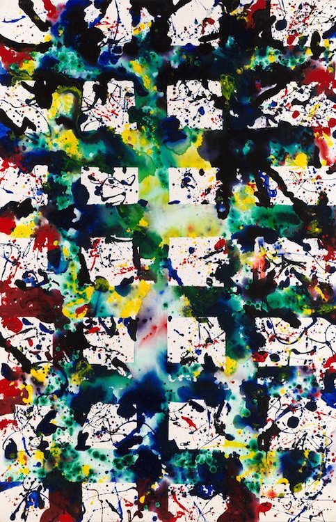 abstract painting, with splatters of red, yellow,indigo and a green grid