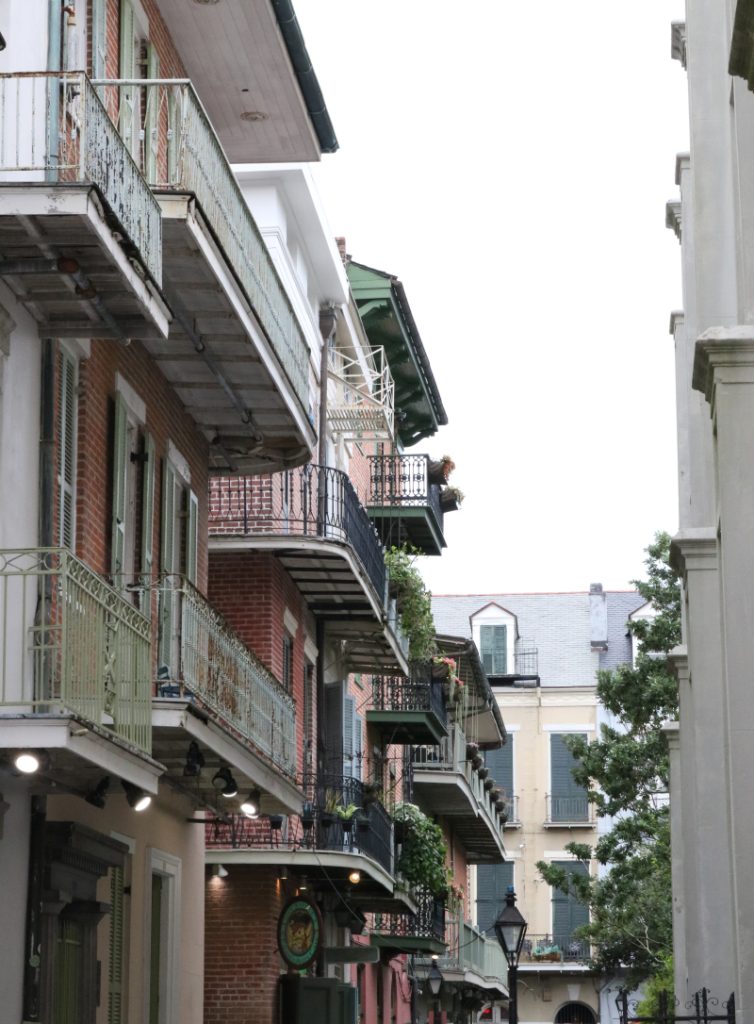 A row of brick apartment balconies in Louisiana