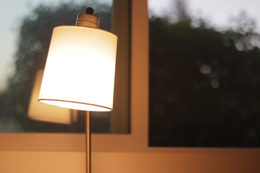 This photo utilized the rule of thirds to show movement. The lamps metal part seen in the background is positioned exactly 1/3 of the way across the image, and the bottom of the lamp's light holder is exactly 2/3 of the way down the image. The movement is seen through the lamp tilting slightly to the left.