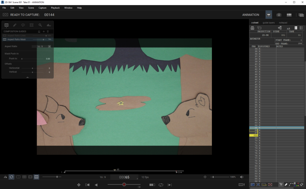 an interface of dragonframe; the image in the middle contains a deer and bear with a fallen star in the middle.