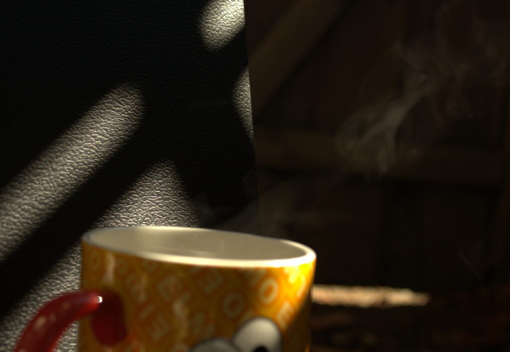 A mug of coffee steaming in the sunlight