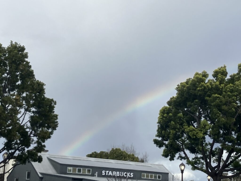 starbucks with rainbow in the background