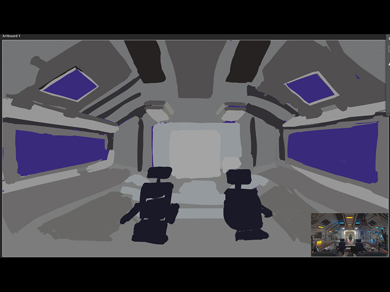 Rough painting of the inside of a spaceship-reference in bottom right