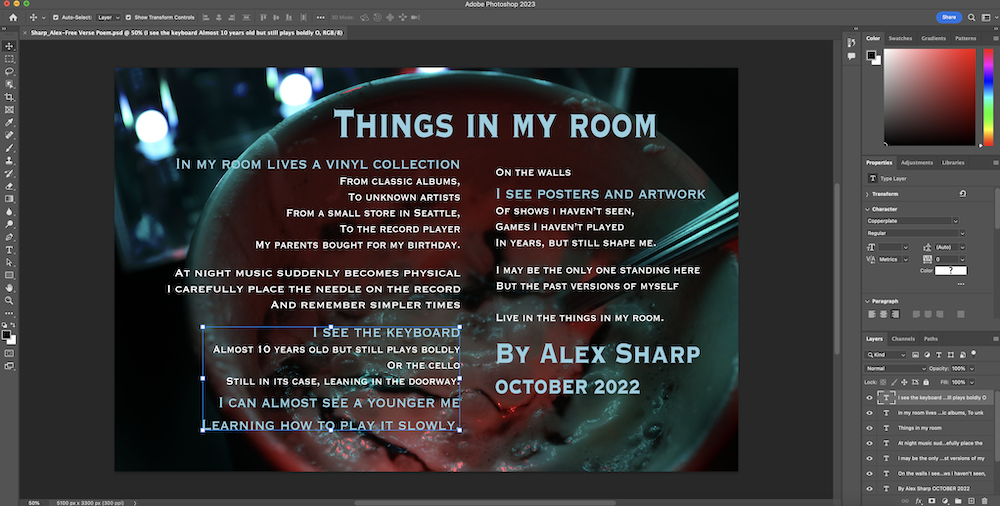 Picture of an Adobe Photoshop workspace featuring the free verse poem titled Things in my Room