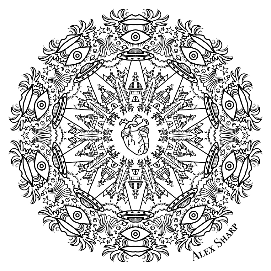 Black and white mandala with eyes, trees, and UFOs