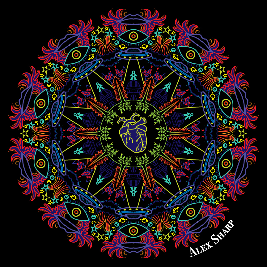 Colored mandala with eyes, trees, and UFOs