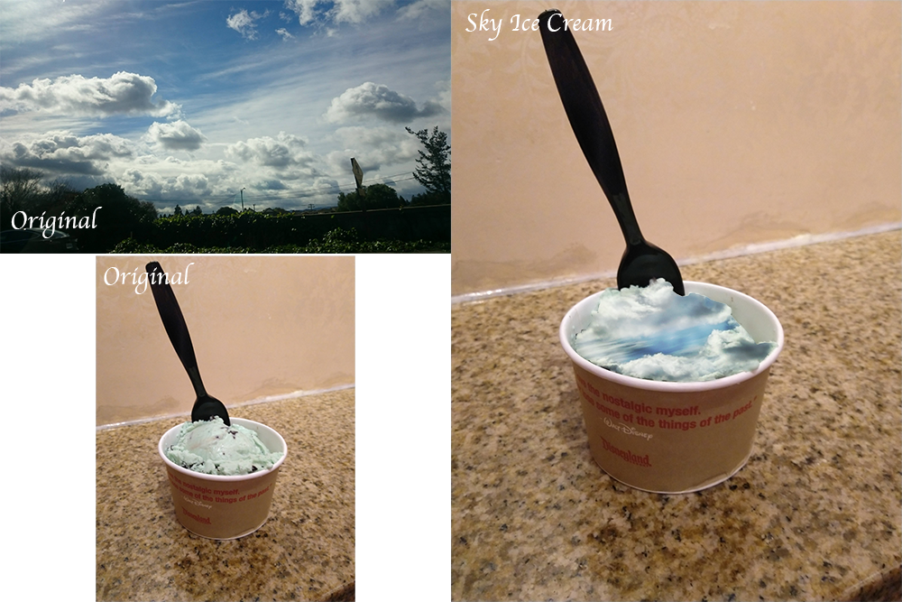 Showing the side by side comparison of before and after images - the after being a sky-themed scoop of icecream.