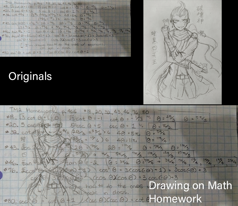 Two images edited together to make it look like the student drew on top of their math  homework. 