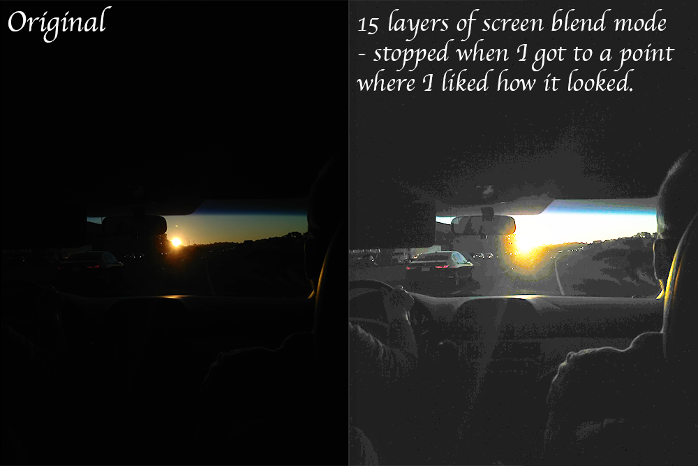 A photo taken in a car - where the only light source is the setting sun. 