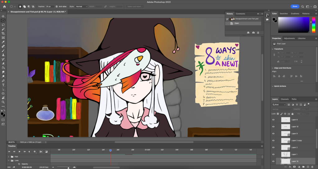 A screenshot of the photoshop file where I animated the witch being disappointed with the summoned fish. 