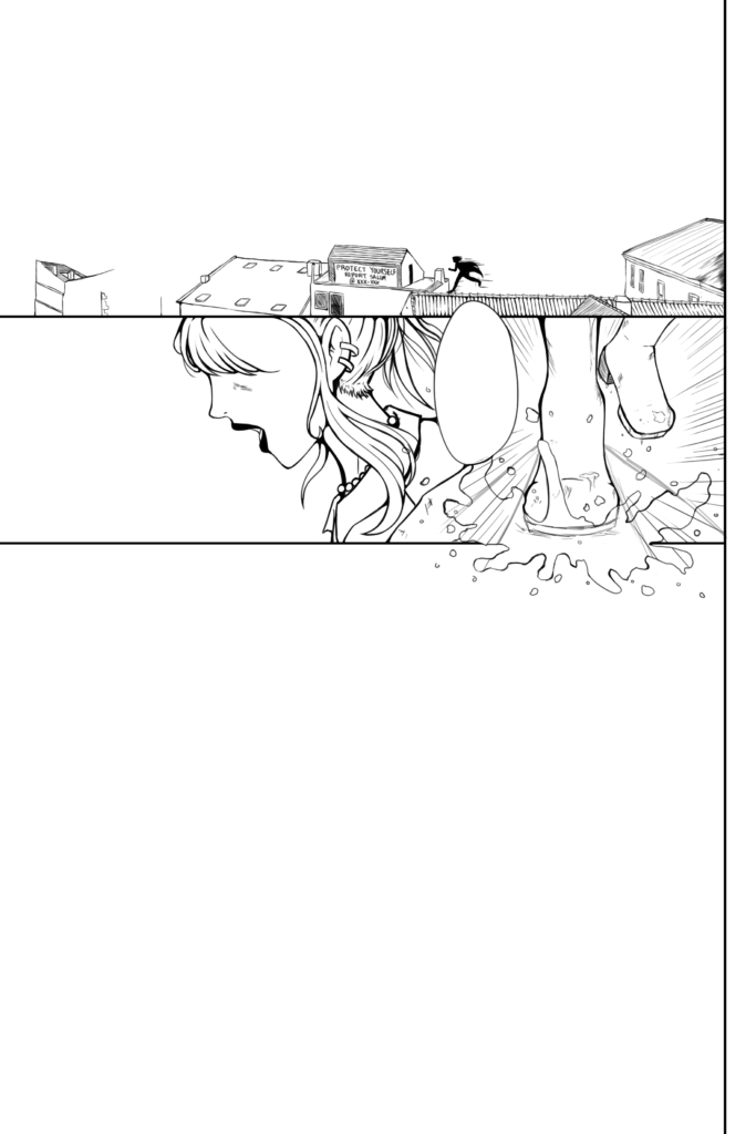 The unfinished first page - the first panel is meant to be an establishing shot, the second is of feet running and splashing water, and the third is a side view of the detective character.