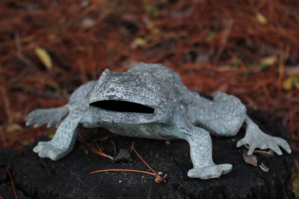 Photo of stone frog with mouth agape