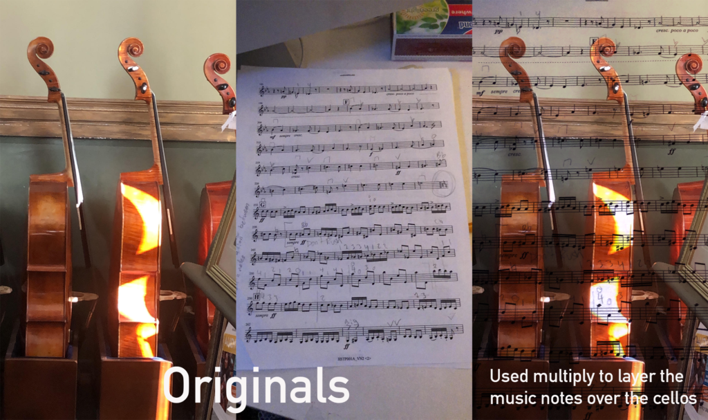 Photo of sheet music over a photo of cellos