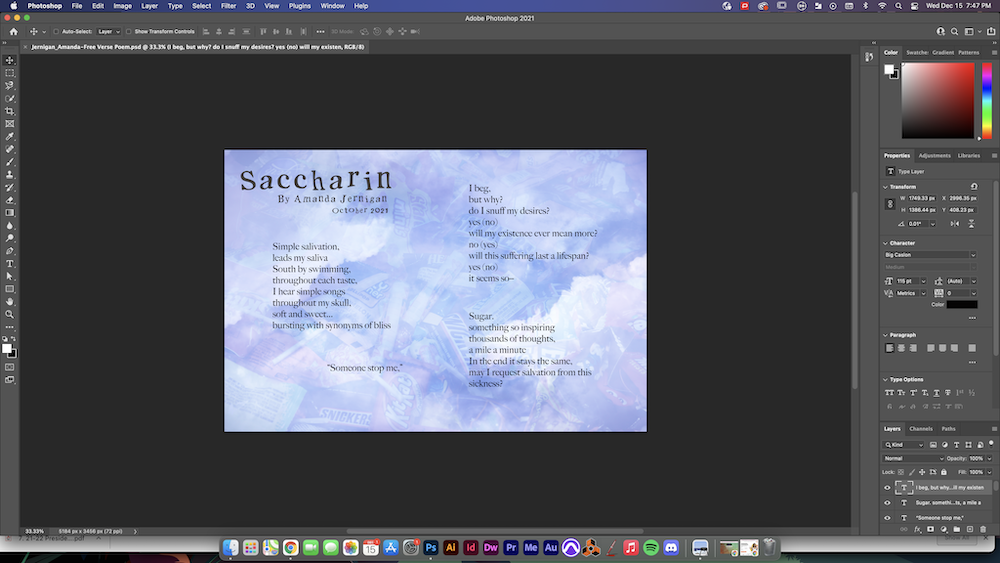 Photoshop Interface of the editing of my poem photo