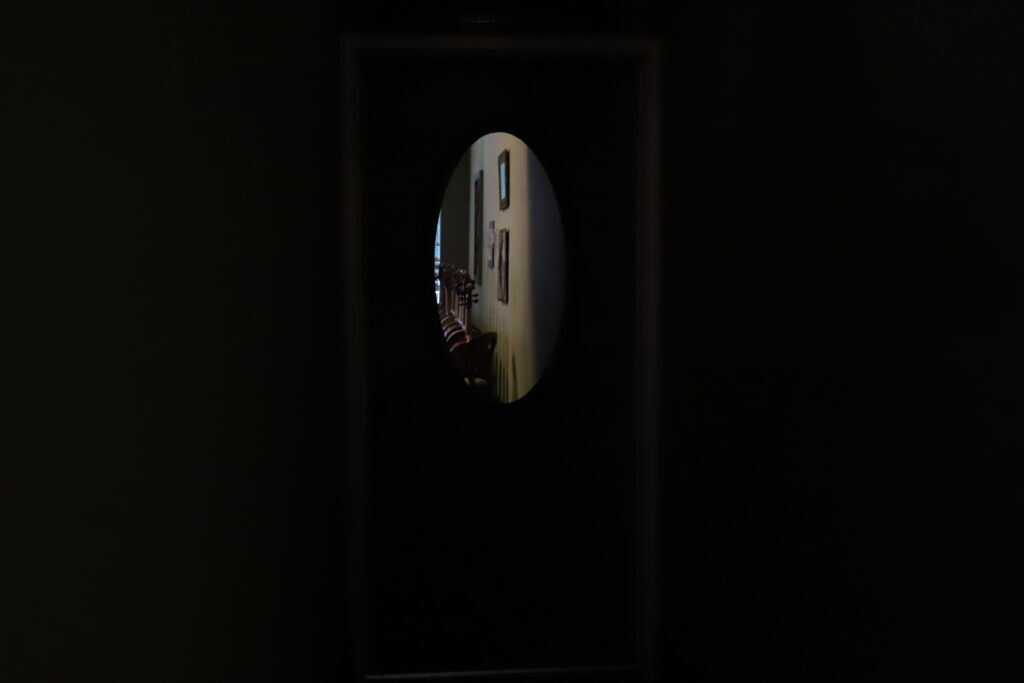 Picture of a door in the dark with a illuminated mirror