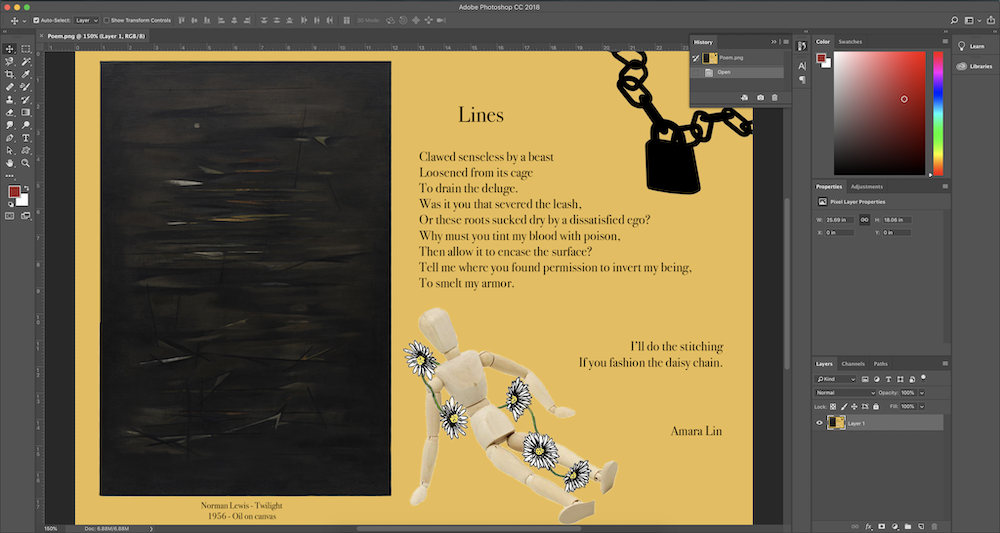 Photoshop interface with poem photo. Photo includes piece of art, poem text, a silhouette of a chain with a lock, and a drawing mannequin with a daisy chain around it.