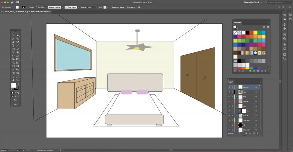 Adobe Illustrator interface of Linear Perspective of Bedroom.