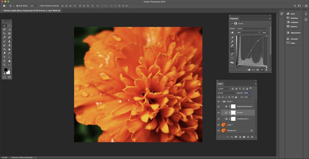 Photoshop interface of editing the Marigold picture