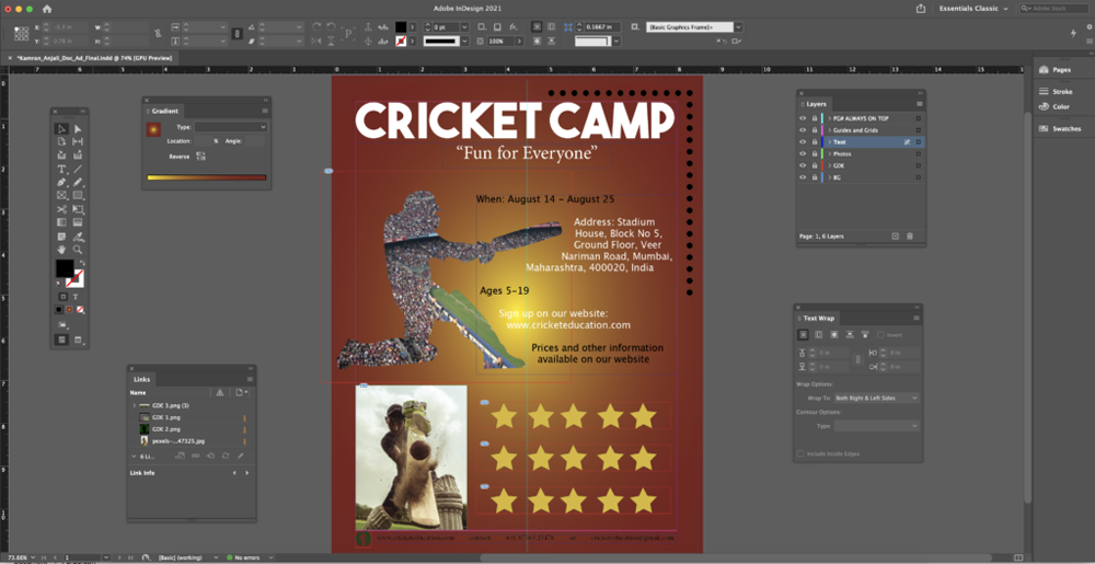 Behind the scenes of making the cricket advertisement in Adobe InDesign. 