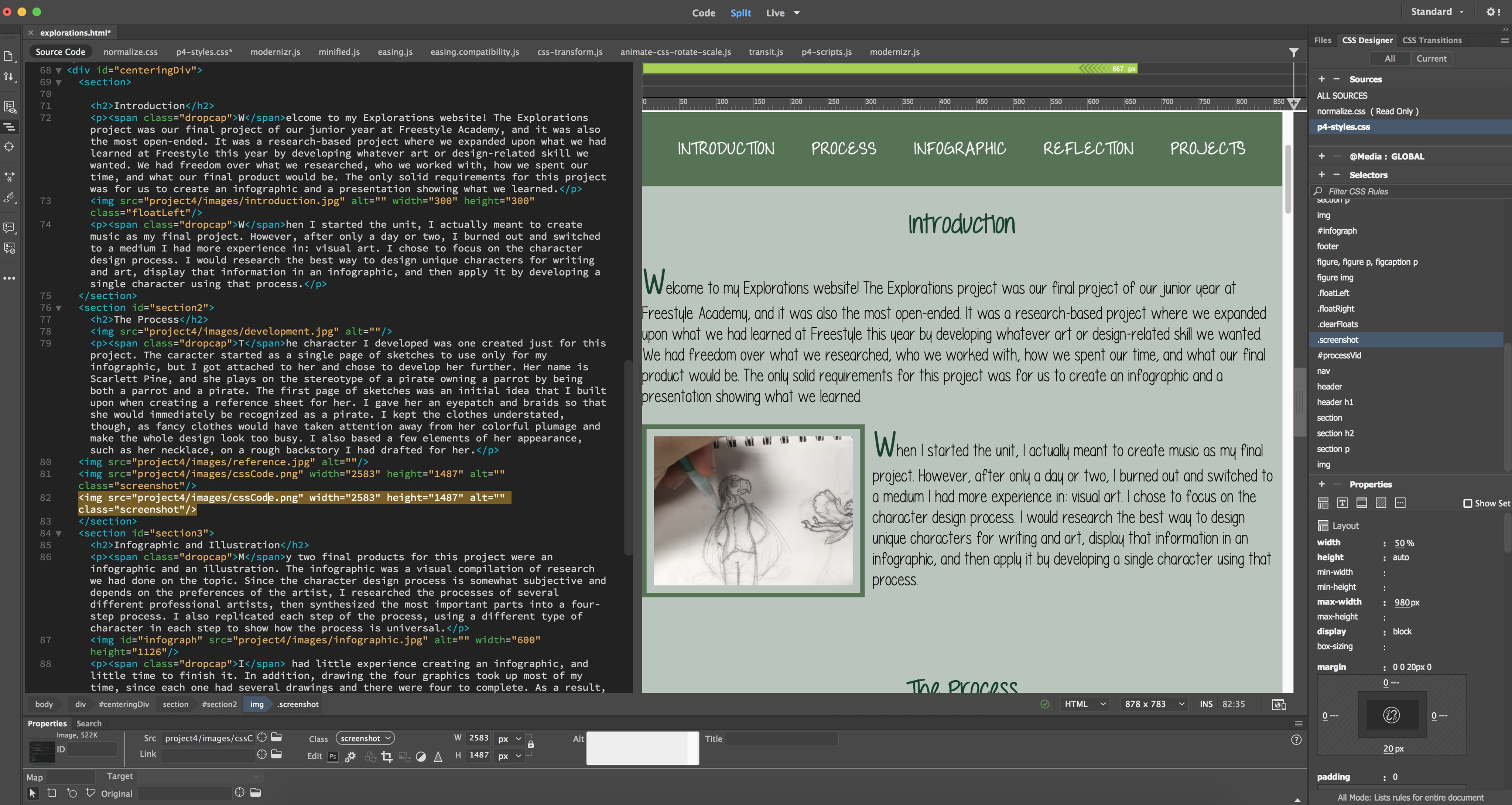 Screenshot of the Dreamweaver file for the Explorations website