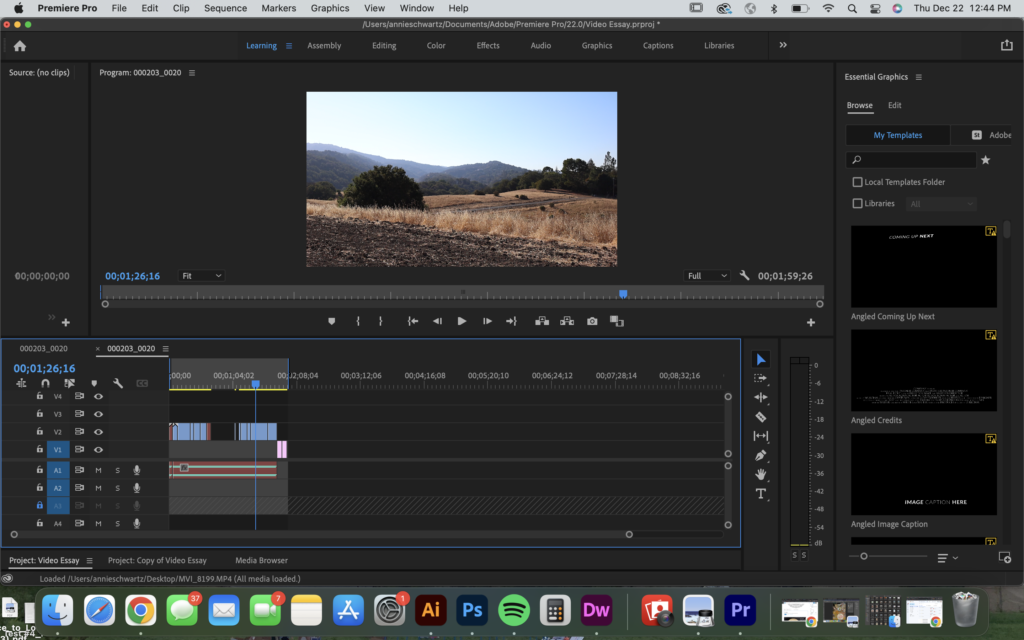 Screenshot of Premiere Pro Interface, editing my reflections video, editing the specific shot at Rancho Nature Preserve