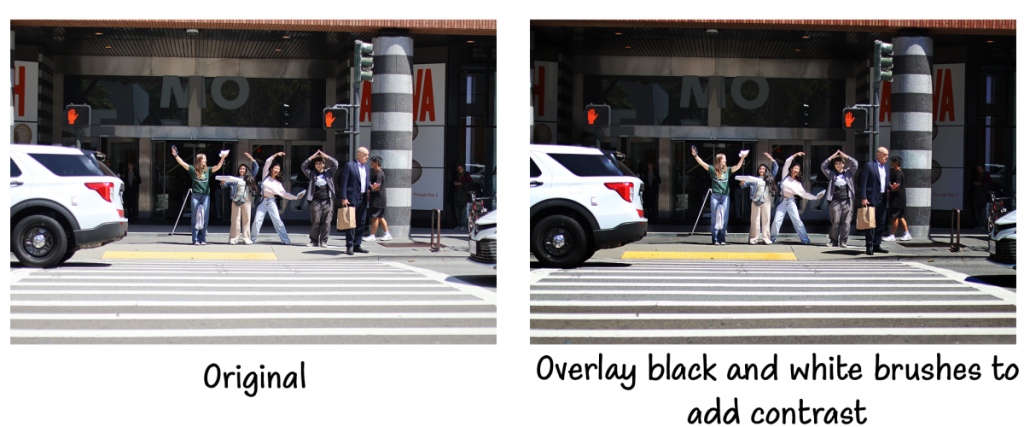 A side by side comparison of a photo  and its original form, having been edited with black and white brushes in Adobe Photoshop's Overlay blend mode to add contrast to the image. 
