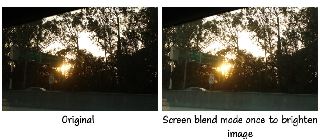 A side by side comparison of a photo  and its original form, having been edited with Adobe Photoshop's Screen blend mode to lighten the image.