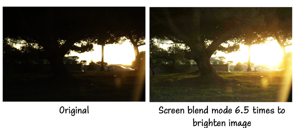 A side by side comparison of a photo  and its original form, having been edited with Adobe Photoshop's Screen blend mode to lighten the image.