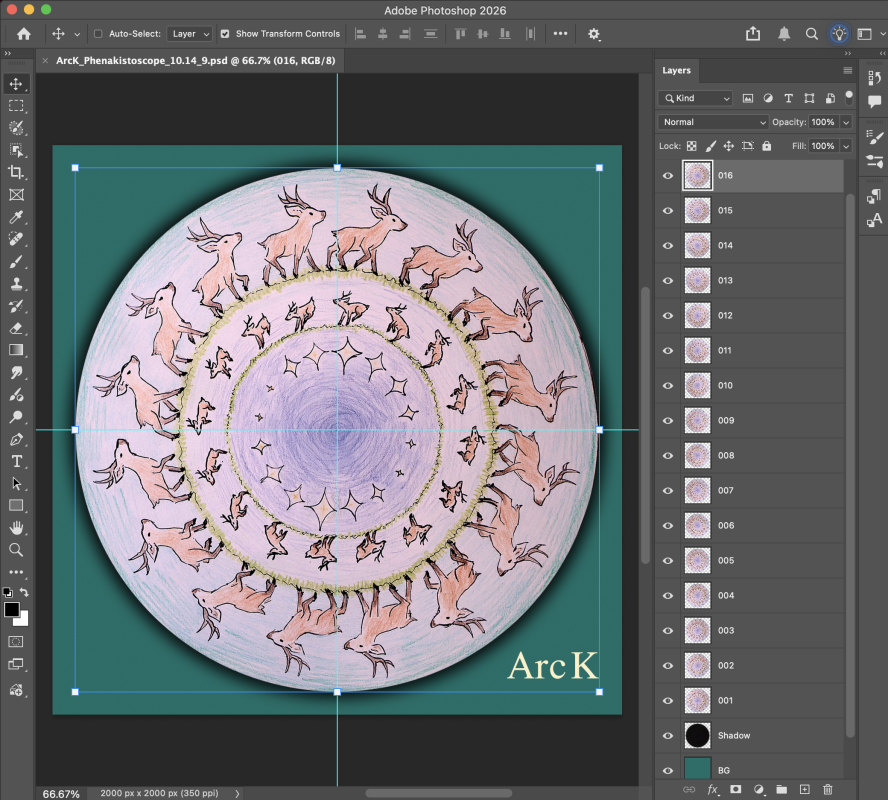 A screenshot of the phenakistoscope in Adobe Photoshop, showing the different layers created for each frame of the animation.