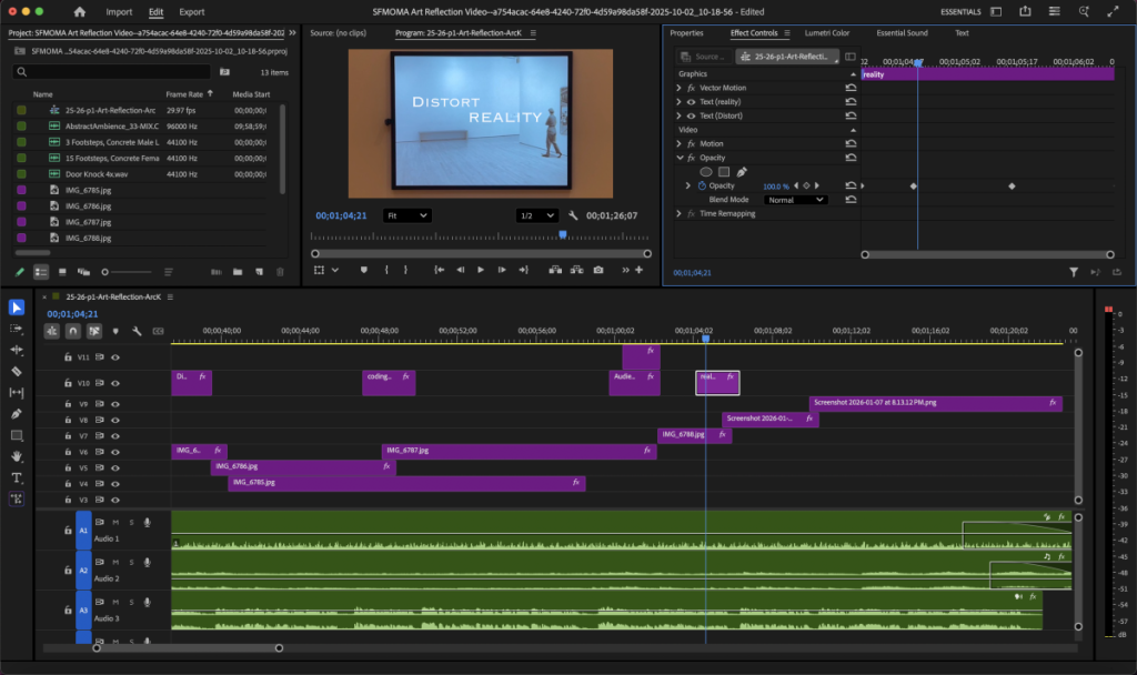 A screenshot of the Premiere Pro interface, showcasing the production process of the art reflection video.