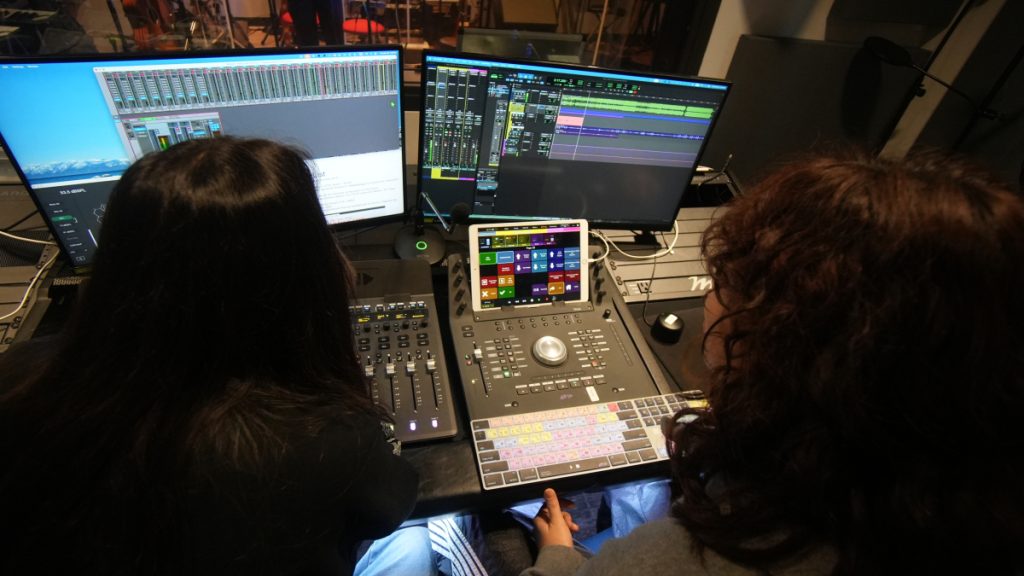 a view of what is on the computer screen in the recording booth