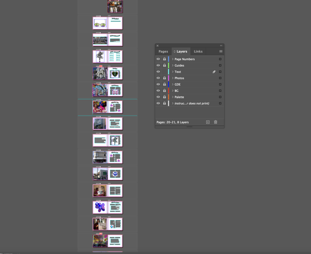 My interface in AdobeIndesign when making the book.
