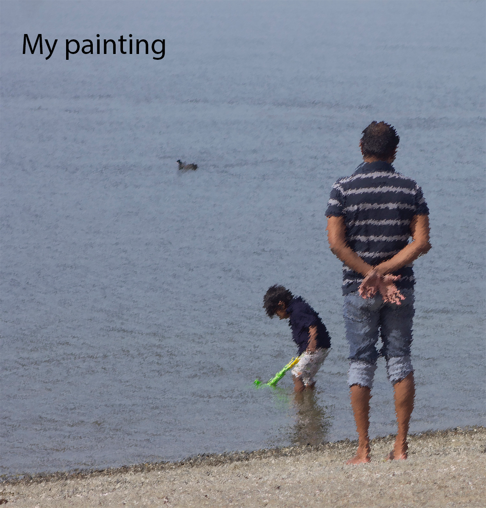 Father watching son in a lake painting version