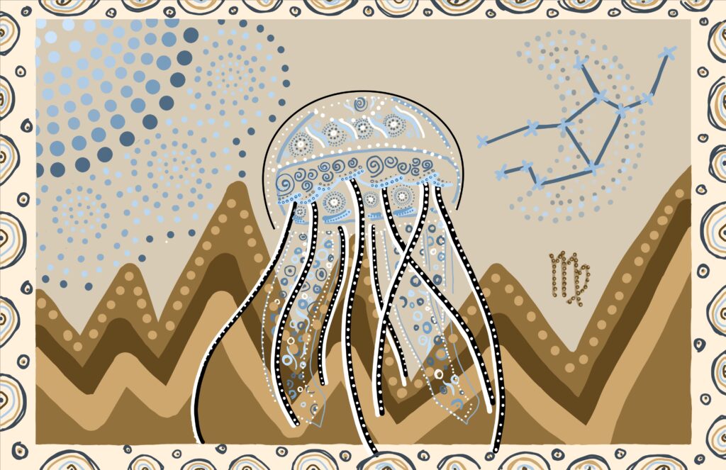 Starry Waters - Aboriginal Art
With jellyfish, astrological sign, and aboriginal symbols. 