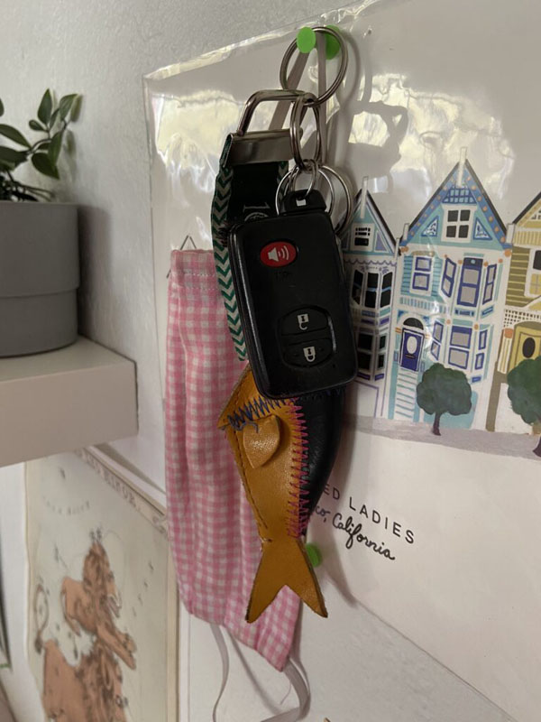 mask and car keys on a wall