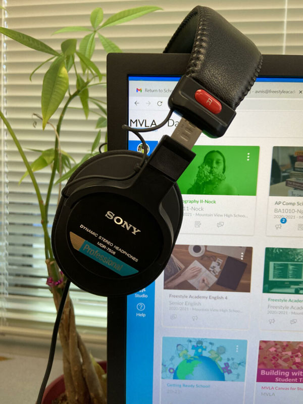 Headphones on a computer with plant in the background