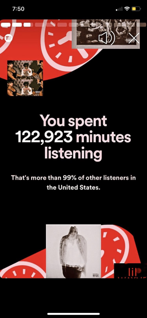 a picture showing how many minutes I have spent listening to music, which was 122,923. It also says its more than 99% of other listeners in the United States.