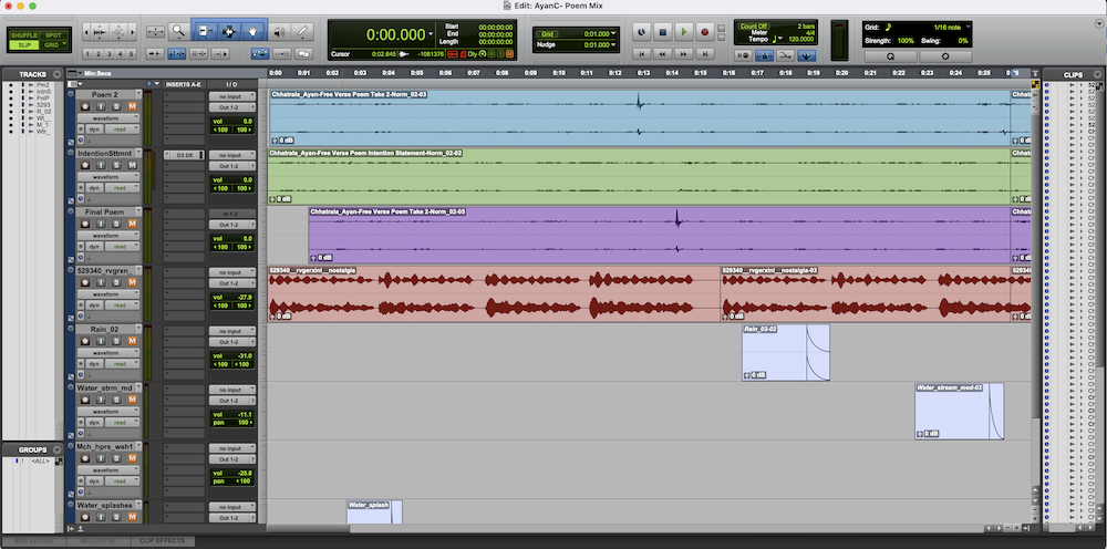 Screenshot of Pro Tools session of making the poem