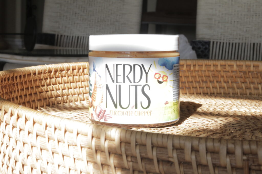 Nerdy Nuts peanut butter in sunlight inside house